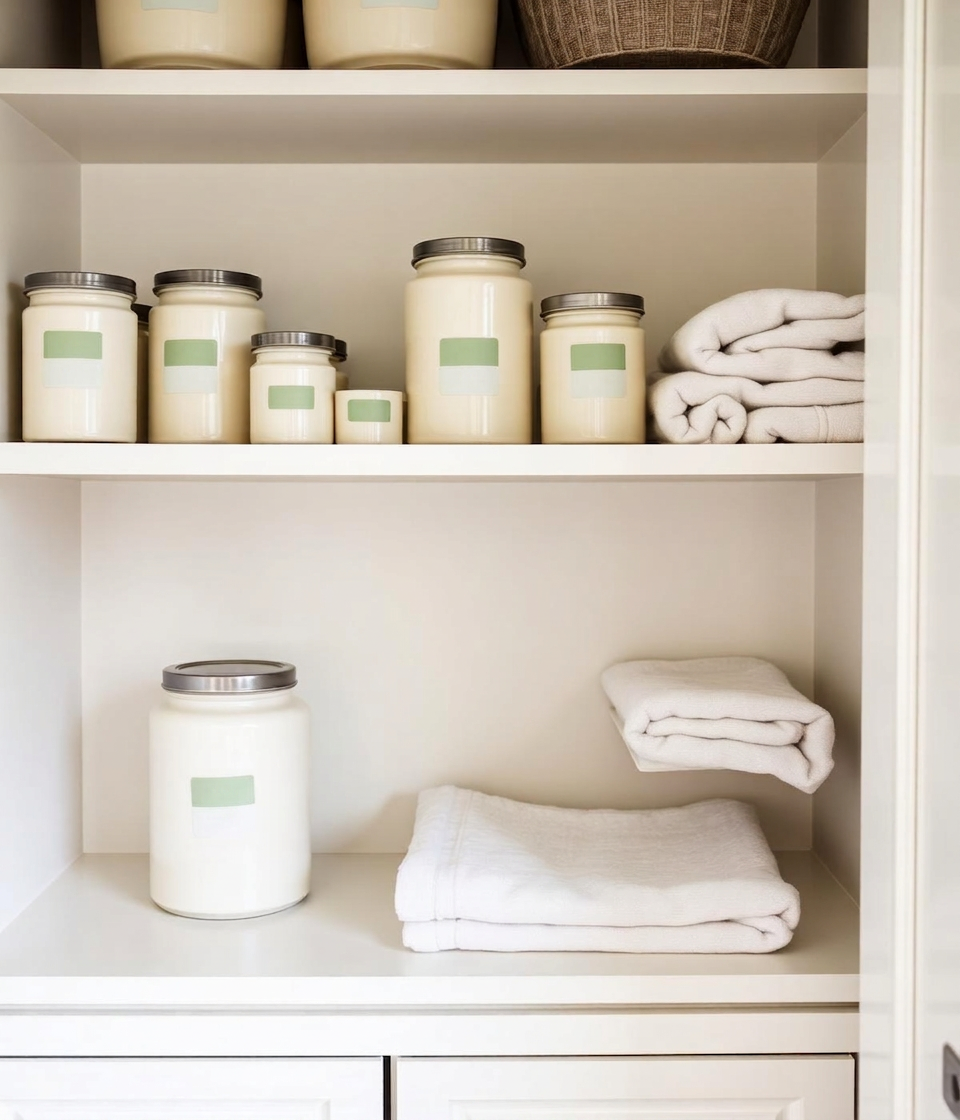 Neatly organized pantry shelves with labeled containers
